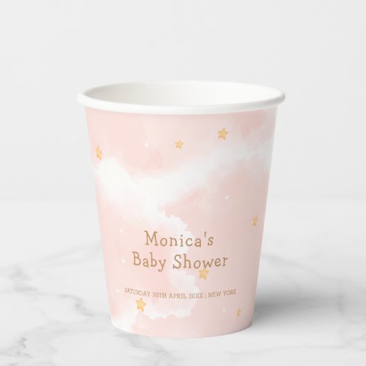 ピンクエレガント雲9つ星ガールベビーシャワー 紙コップ (正面)
