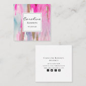 ピンクエレガント青の筆モダン跡の水彩 スクエア名刺 (正面/裏面)