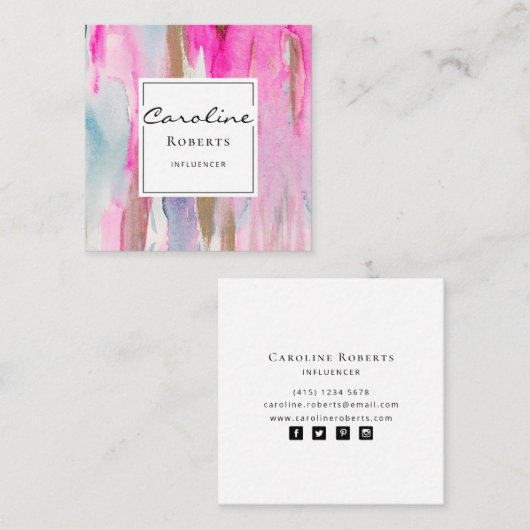 ピンクエレガント青の筆モダン跡の水彩 スクエア名刺 (正面/裏面)