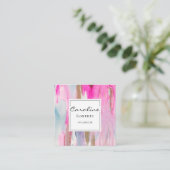 ピンクエレガント青の筆モダン跡の水彩 スクエア名刺 (スタンド正面)