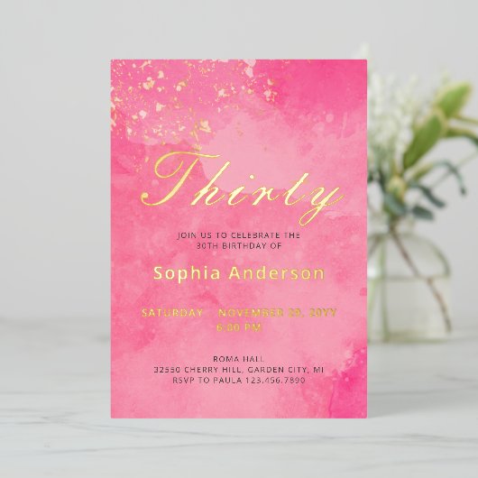 ピンクエレガント30歳の誕生日 箔招待状 (立ち正面)