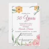 ピンクエレガント&イエローフローラマザー誕生日 招待状 (正面/裏面)