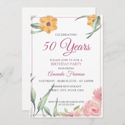 ピンクエレガント&イエローフローラマザー誕生日 招待状 (正面/裏面)