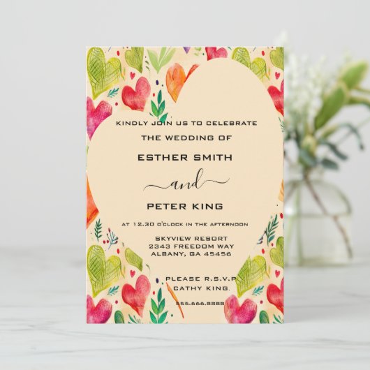 ピンクエレガント&グリーンフローラハートアーバー結婚ズ 招待状 (スタンド正面)