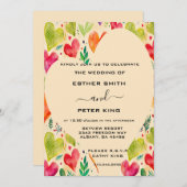 ピンクエレガント&グリーンフローラハートアーバー結婚ズ 招待状 (正面/裏面)