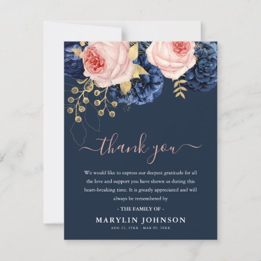 ピンクエレガント&ネイビー花模様葬式 サンキューカード (正面)