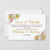 ピンクエレガント、バラ金ゴールドユーカリフローラズ結婚 サンキューカード (正面)