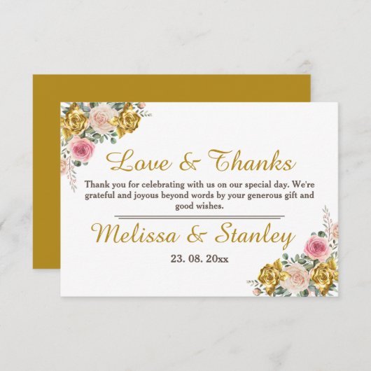 ピンクエレガント、バラ金ゴールドユーカリフローラズ結婚 サンキューカード (正面/裏面)