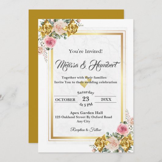 ピンクエレガント、バラ金ゴールドユーカリフローラズ結婚 招待状 (正面/裏面)