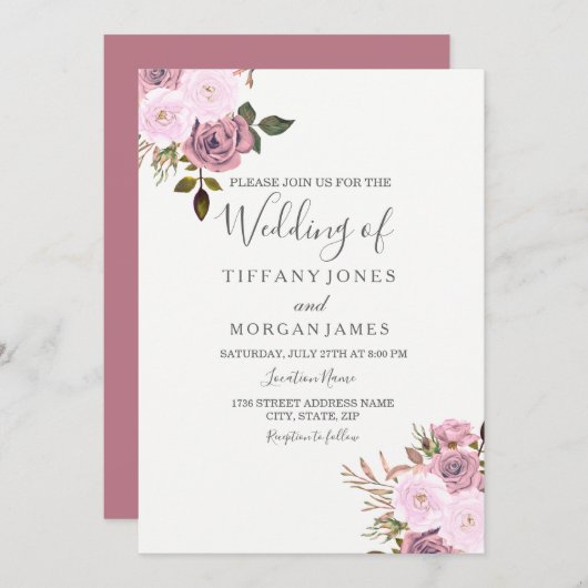 ピンクエレガント&バラ金ゴールド結婚式招待状 招待状 (正面/裏面)