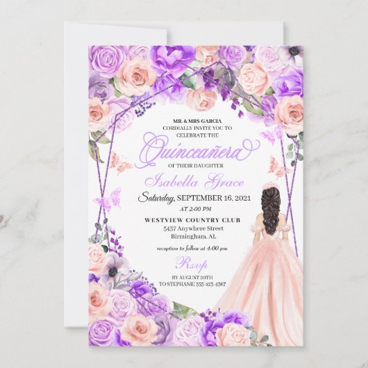 ピンクエレガント&パープルフローラキンセアニェラ招待 招待状 (正面)