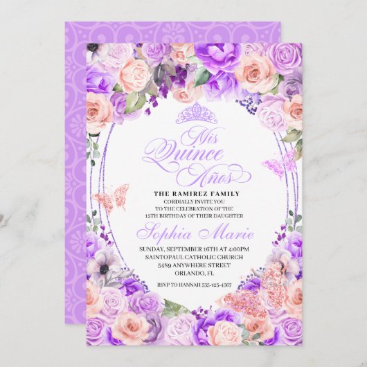 ピンクエレガント&パープルフローラキンセアニェラ誕生日 招待状 (正面/裏面)