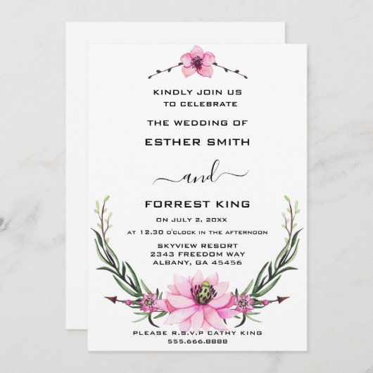 ピンクエレガント&パープルフローラ結婚式招待状 招待状 (正面/裏面)