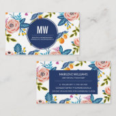 ピンクエレガント&ブルーフローラ名刺 名刺 (正面/裏面)