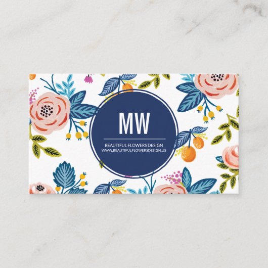 ピンクエレガント&ブルーフローラ名刺 名刺 (正面)