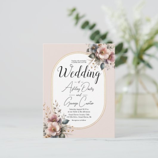 ピンクエレガント、ブルー、クリームのフローラ結婚の ポストカード (スタンド正面)