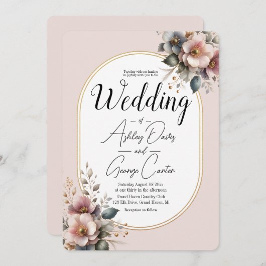 ピンクエレガント、ブルー、クリームのフローラ結婚の 招待状 (正面/裏面)