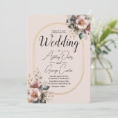 ピンクエレガント、ブルー、クリームのフローラ結婚の 招待状 (スタンド正面)
