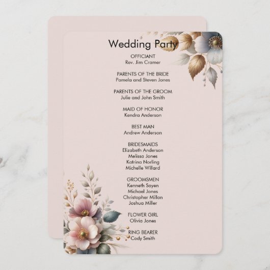 ピンクエレガント、ブルー、クリームのフローラ結婚の 招待状 (正面/裏面)