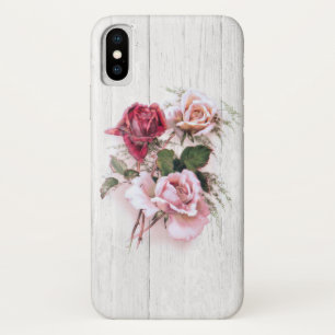 ピンクエレガント&レッドローズオンホワイトウォッシュウッド iPhone X ケース