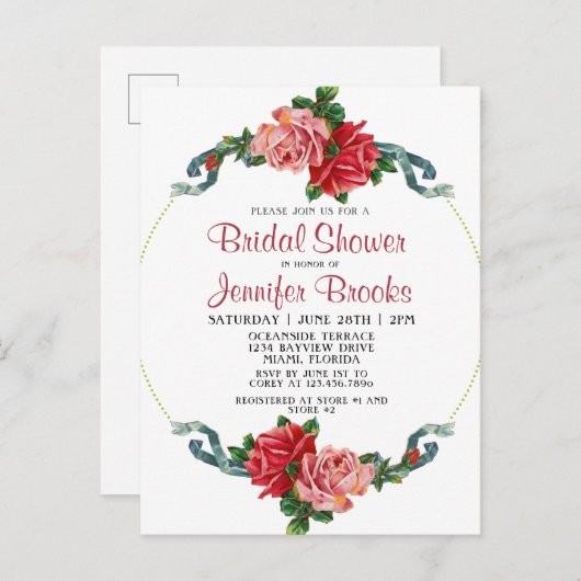 ピンクエレガント&レッドローズフローラブライダルシャワー インビテーションポストカード (正面/裏面)