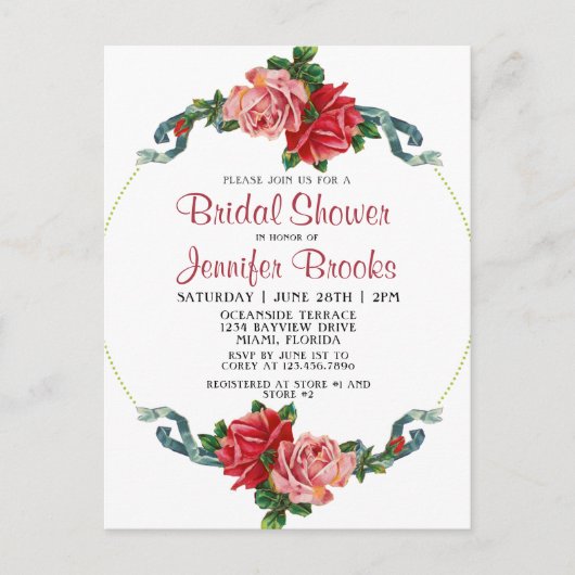 ピンクエレガント&レッドローズフローラブライダルシャワー インビテーションポストカード (正面)