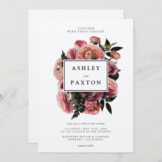 ピンクエレガント |白のフローラブーケ 招待状 (正面/裏面)