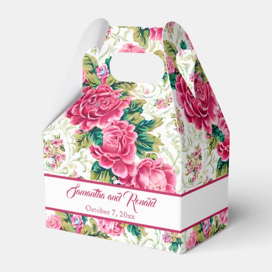 ピンクエレガント、白、緑のヴィンテージバラ フェイバーボックス (正面サイド)