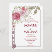 ピンクエレガント、紫、ベージュの花の花束 招待状 (正面/裏面)