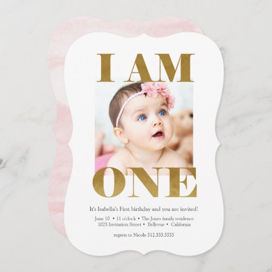 ピンクエレガント+金ゴールドと写真1歳の誕生日 招待状 (正面/裏面)