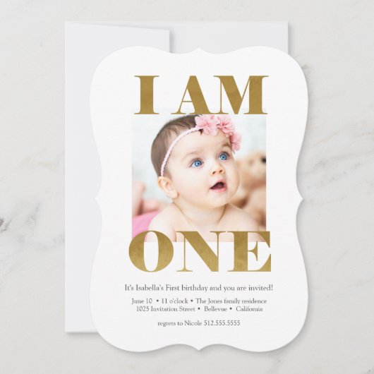 ピンクエレガント+金ゴールドと写真1歳の誕生日 招待状 (正面)