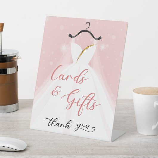 ピンクエレガント&金ゴールドのドレ結婚スカード&ギフト 台座サイン (インサイチュ)
