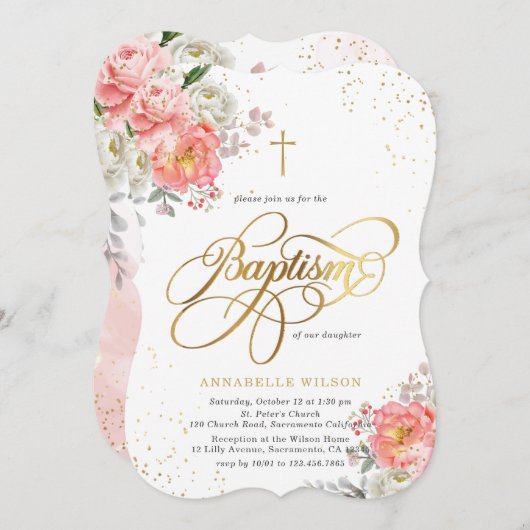 ピンクエレガント&金ゴールドフローラガールバプテスマ招待状 招待状 (正面/裏面)