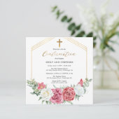 ピンクエレガント |金ゴールドフローラフレームガールの確認 招待状 (スタンド正面)