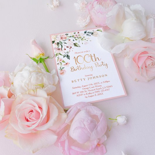 ピンクエレガント&金ゴールドフローラ女性の100誕生日 招待状