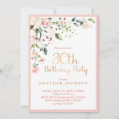 ピンクエレガント&金ゴールドフローラ女性の30歳の誕生日 招待状 (正面)
