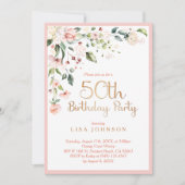 ピンクエレガント&金ゴールドフローラ女性の50誕生日 招待状 (正面)