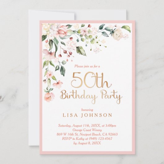 ピンクエレガント&金ゴールドフローラ女性の50誕生日 招待状 (正面)