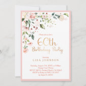 ピンクエレガント&金ゴールドフローラ女性の60誕生日 招待状 (正面)