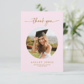 ピンクエレガント&金ゴールド写真卒業パーティー サンキューカード (スタンド正面)