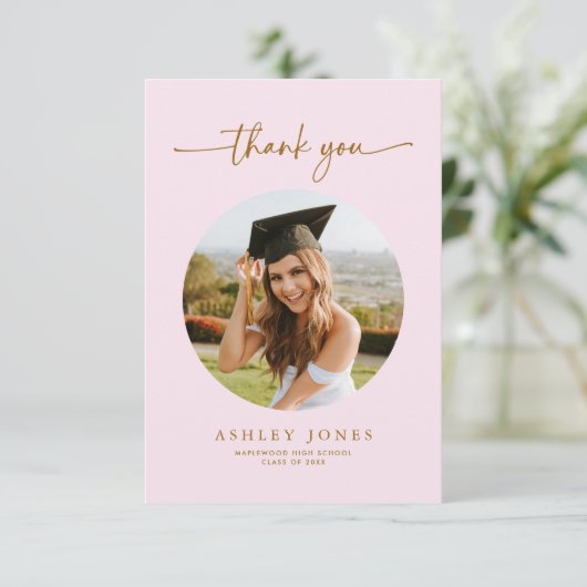 ピンクエレガント&金ゴールド写真卒業パーティー サンキューカード (スタンド正面)