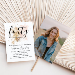 ピンクエレガント&金ゴールド写真40歳の誕生日パーティー 招待状