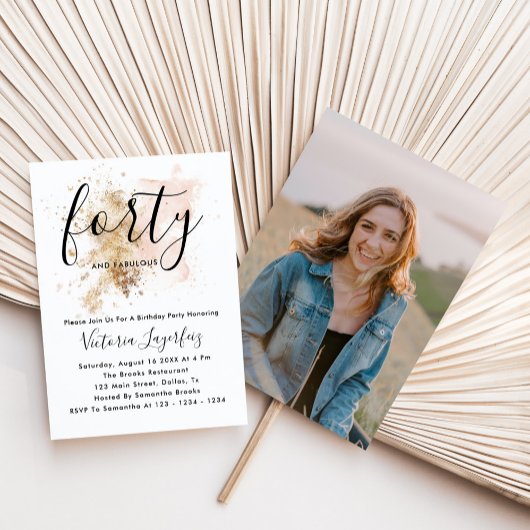 ピンクエレガント&金ゴールド写真40歳の誕生日パーティー 招待状