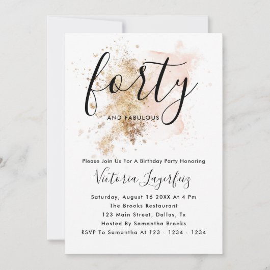 ピンクエレガント&金ゴールド写真40歳の誕生日パーティー 招待状 (正面)