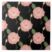 ピンクエレガント&金ゴールド水彩バラブラックデザイン タイル (正面)