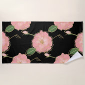 ピンクエレガント&金ゴールド水彩バラブラックデザイン ビーチタオル (正面)
