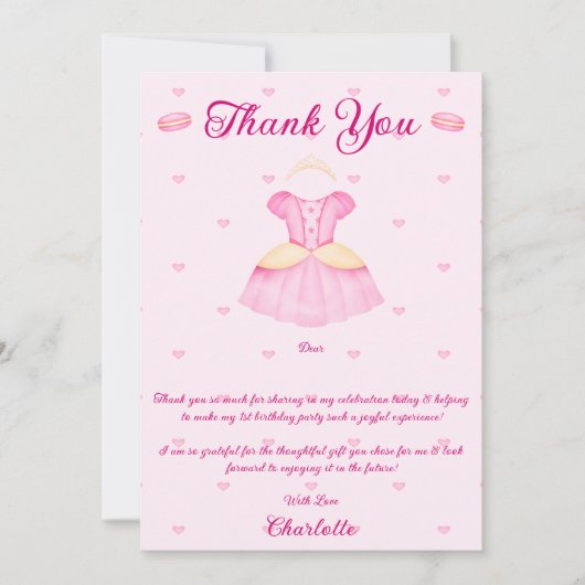 ピンクエレガント&金ゴールド水彩プリンセスティーパーティー サンキューカード (正面)
