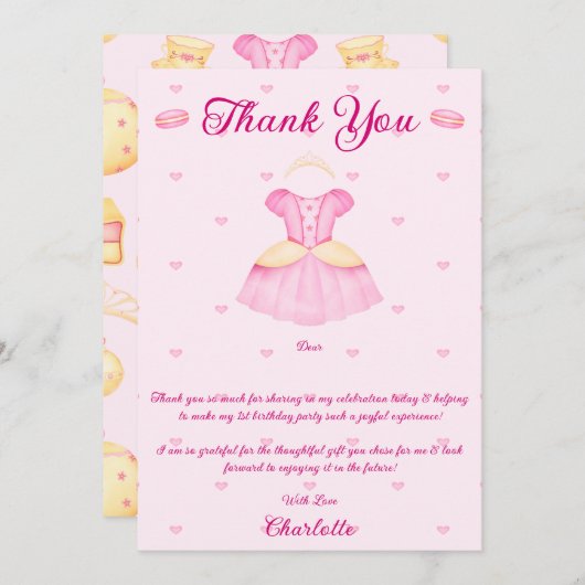 ピンクエレガント&金ゴールド水彩プリンセスティーパーティー サンキューカード (正面/裏面)