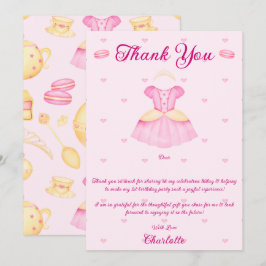 ピンクエレガント&金ゴールド水彩プリンセスティーパーティー サンキューカード