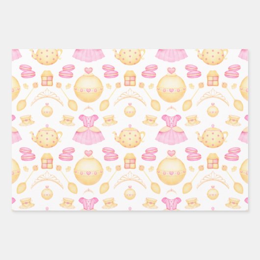 ピンクエレガント&金ゴールド水彩プリンセスティーパーティー ラッピングペーパーシート (正面3)